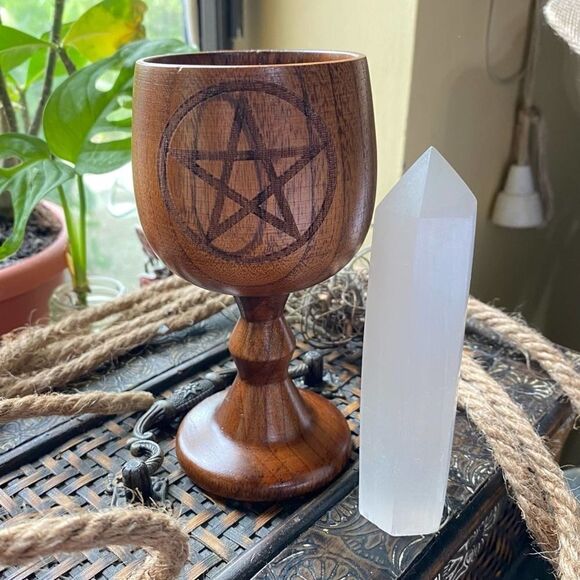 Pentacle Wooden Goblet & Selenite Point Tower - Picture 4 of 5